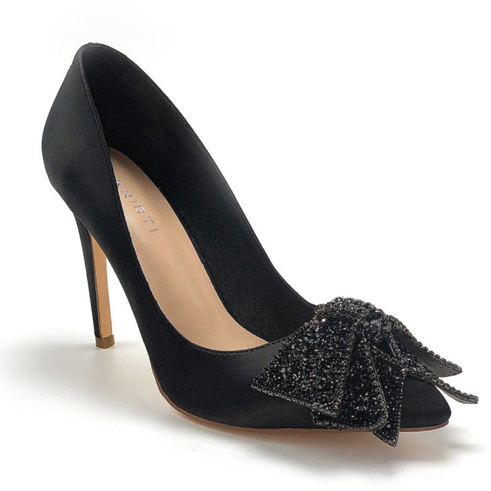 HOST PICK💥NIB WOMEN'S BLACK SATIN METALLIC BOW HIGH HEELS